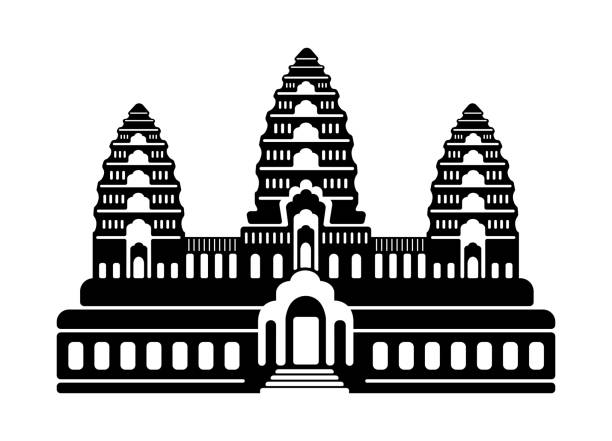 앙코르 와트 - 캄보디아 / 세계적으로 유명한 건물 흑백 벡터 일러스트 레이션. - synagogue stock illustrations