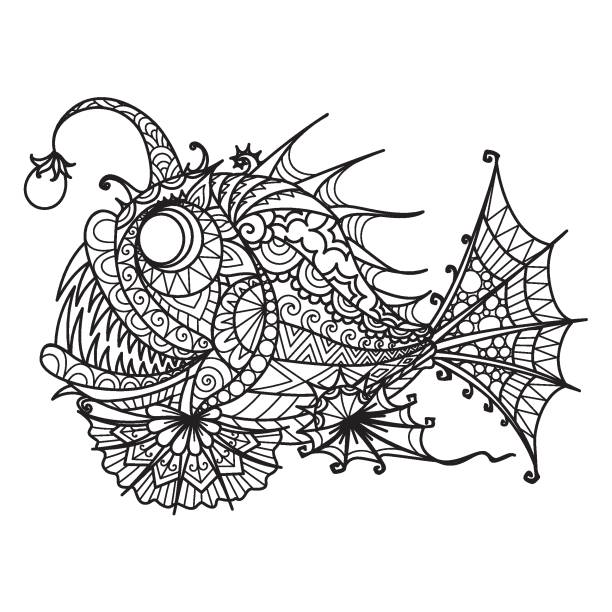 Anglerfish Mandala Anglerfish for coloring book, printing on product,laser cutting,eangraving and so on. Vector illustration. printable of fish drawing stock illustrations