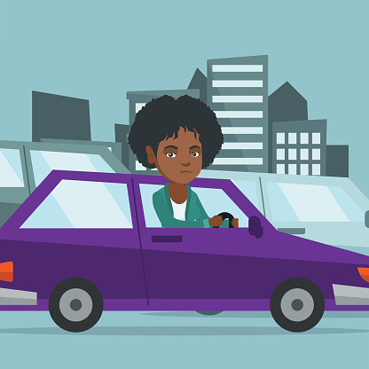 Angry African Woman In Car Stuck In Traffic Jam Stock Illustration