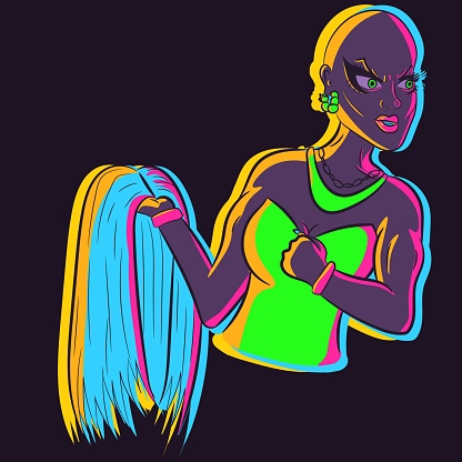 Angry bald drag queen with 'hold my wig' facial expression. Muscular lady with strong arms being enraged. Conceptual art about empowered women under UV neon lights.