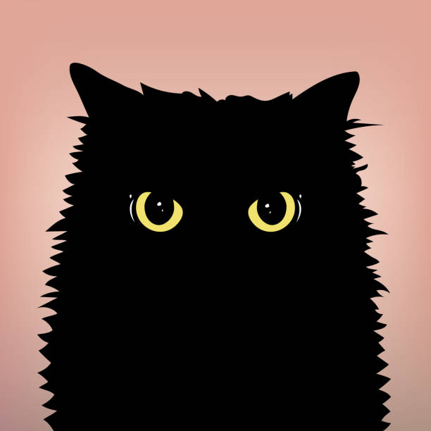 злое черное кошачье лицо с большими глазами на фоне персикового цвета. глаза желтой кошки. плоский и минимальный стиль. векторная иллюстрац - смотреть в объектив stock illustrations