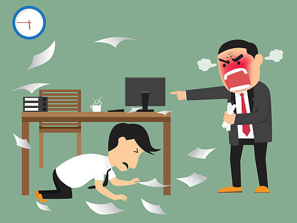 Angry boss shooting his employee on deadline, vector art illustration