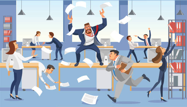 Angry boss shout in chaos office because of failure deadline. Stressed vector cartoon characters. Angry boss shout in chaos office because of failure deadline. Stressed vector cartoon characters. Office workers hurry up with job. Fun cartoon characters. Vector illuctration of work situation in office interior. chaos stock illustrations