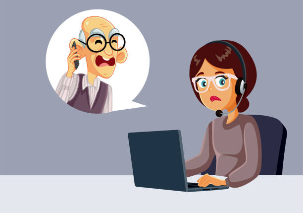 Angry Customer Calling Call Center Operator Vector Illustration Customer service employee dealing with complaints from a grumpy senior man old man crying stock illustrations