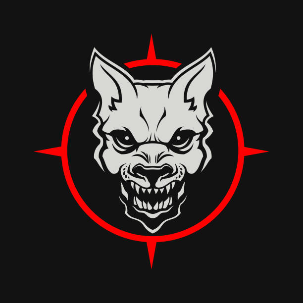 Angry dog or wolf head cut out silhouette. Growling mad dog with open mouth - stylized mascot on a dark background Growling mad dog head with open mouth - vector cut out silhouette on a dark background demon fictional character stock illustrations