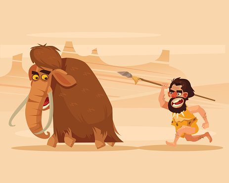 Angry hungry primitive caveman character chasing running hunting mammoth