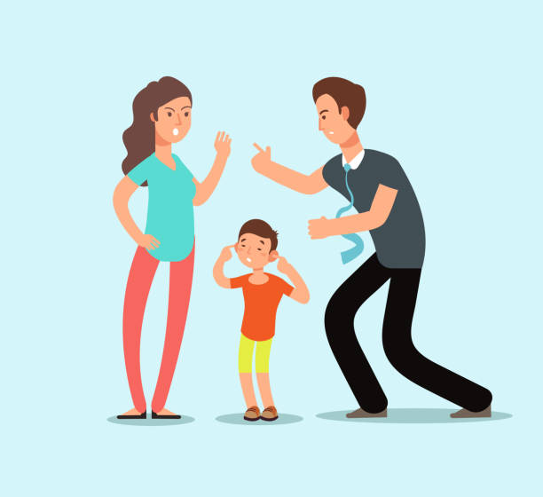 Angry husband and wife swear in presence of unhappy scared kid. Family conflict vector cartoon concept Angry husband and wife swear in presence of unhappy scared kid. Family conflict vector cartoon concept. Illustration of man and woman divorce divorce backgrounds stock illustrations