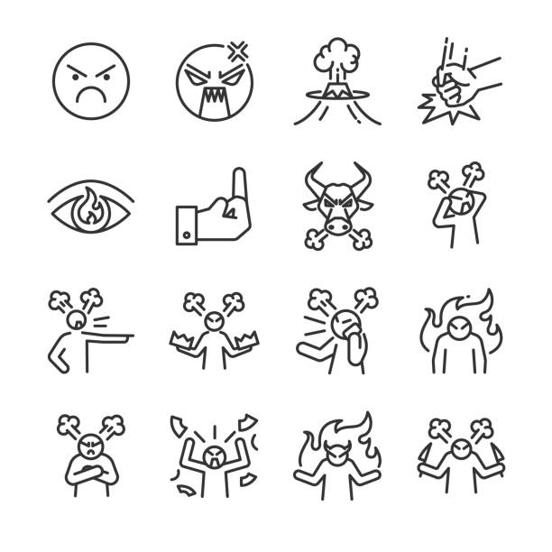 Angry line icon set. Included the icons as mad, moody, crazy, devil, blame, upset and more. Angry line icon set. Included the icons as mad, moody, crazy, devil, blame, upset and more. angry stock illustrations