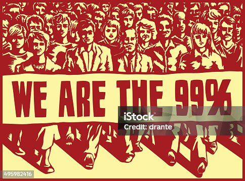 istock Angry mob marching with political protest sign vector illustration 495982416