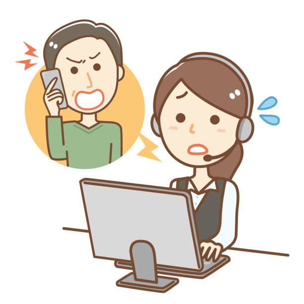 Angry older men and women of the telephone operator Angry elderly man and phone operator woman angry face stock illustrations
