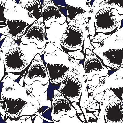 Angry Shark Collage. Hand Drawn Sea Life Pattern.
