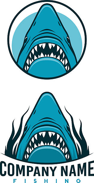 Angry shark emblems Angry shark heads. Each on separate layer. You can put your company name instead of inscriptions. animal teeth stock illustrations