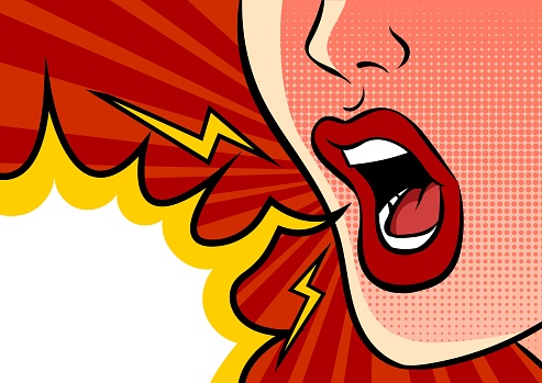 Angry shouting female mouth and empty speech bubble. Pop art vector illustration.