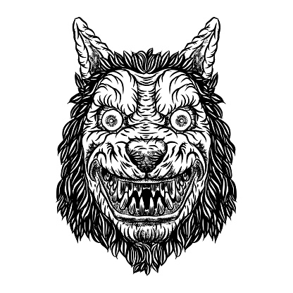 Angry smiling cunning wolf mascot head. Werewolf blackwork tattoo flash concept isolated on white. Detailed wolf face with scary eyes illustration. Vector.
