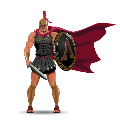 Angry spartan warrior with armor and hoplite shield