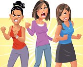 Vector illustration of three angry young women screaming and raising their fists. Concept for girl power, feminism, women's rights, activism and equality.