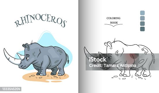 istock Animal character funny rhinoceros in cartoon style coloring page. 1333545204
