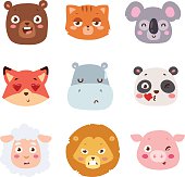 Cute animal head with emotion vector avatar. Cartoon happy animal emotion expression isolated face character. Adorable mammal emojji avatar animal emotions. Animal character cute little style