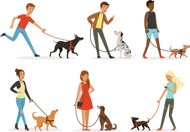 動物の友情。幸せな人は、面白い犬と歩きます。漫画のスタイルのイラスト - 犬　少女点のイラスト素材／クリップアート素材／マンガ素材／アイコン素材