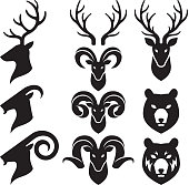 Animal Horn and Head Icons Set. Goat, Deer and Bear. 