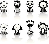 Cute set of black and white wild / zoo animal icons. Includes tiger, zebra, pandas, lion, polar bear, elephant, giraffe and monkey.