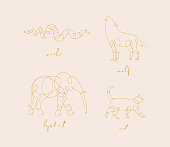 Set of animals snake, wolf, elephant, cat drawing in pen line style on beige background