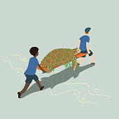 Animal rescue team saving sea turtle which is tangled in wasted fishing net. Save marine life concept. Flat color vector illustration.