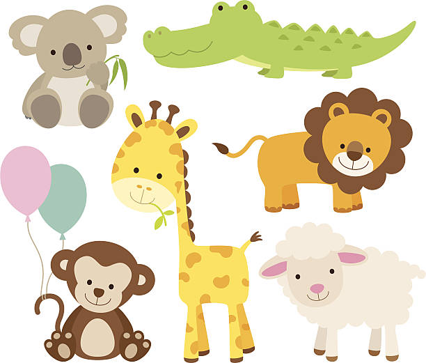 Animal Set Vector illustration of cute animal set including koala, crocodile, giraffe, monkey, lion, and sheep. lamb animal stock illustrations