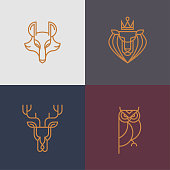 This thin line animal logo/icon set contain - deer, owl, wolf, lion