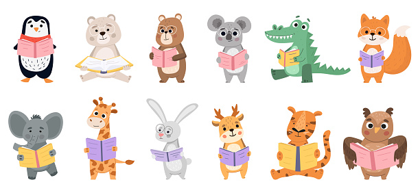 Animals book lovers, reading fox, bear and rabbit. Smart animals learn by reading books vector illustration set. Animals like to read books