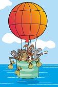 Animals flying in a balloon, fairy tale, humorous vector illustration. Mole, mouse, hare and hedgehog at red balloon flies over the sea.