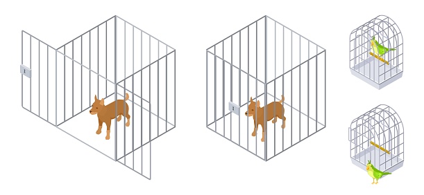 Animals in cages. Isometric dog bird inside and outside cage. Pet care vector illustration
