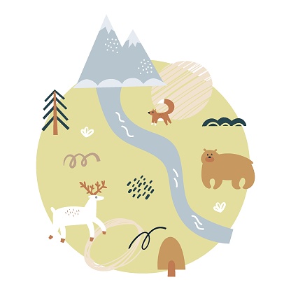 Animals in nature and mountain river. Cartoon map kids nursery poster print isolated on white background. Vector illustration