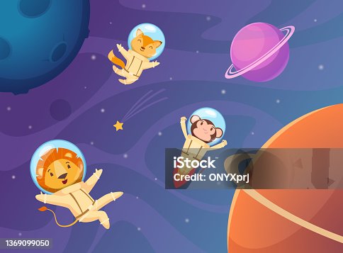 istock Animals in space. Cartoon funny astronaut travellers in helmet and jumpsuit professional uniform exact vector zoo characters background 1369099050
