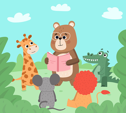 Animals reading book, cute wildlife book lovers. Cute bear reads to baby animals vector background illustration. Cartoon cute animals reading