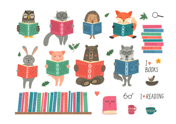 illustrations, cliparts, dessins animés et icônes de livre de lecture d’animaux. - lit