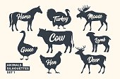 Animals silhouette set. Black-white silhouette of animals with lettering names. Design template for grocery, butchery, packaging, meat store. Farm and wild animals theme. Vector Illustration