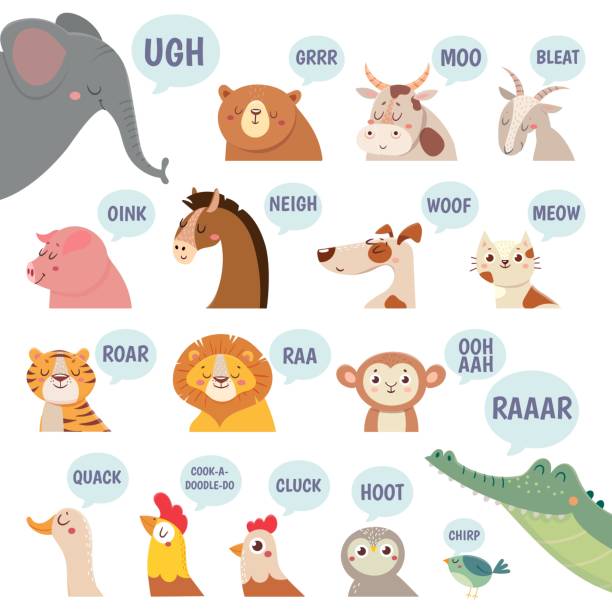 Animals sounds. Cute animal making sounds cat and dog, sheep and cow, pig and hen, horse and lion, bear and monkey cartoon vector set Animals sounds. Cute animal making sounds cat and dog, sheep and cow, pig and hen, horse and lion, bear and monkey cartoon vector set for childrens books and magazines. Farm animals and pets bear growling stock illustrations