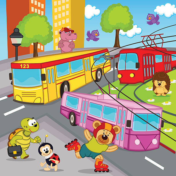 animals trolleybus tram bus - teddy ray stock illustrations