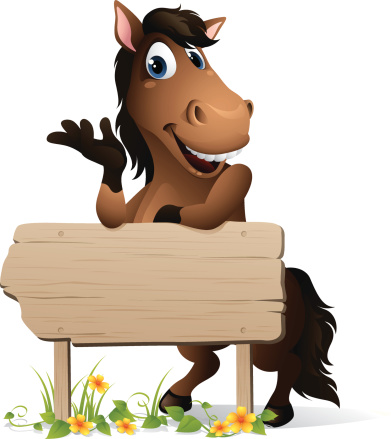 Animated brown horse leaning on a black wooden sign