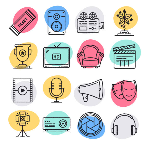 Animated Movie Making Doodle Style Vector Icon Set Modern animated movie making doodle style concept outline symbols. Line vector icon sets for infographics and web designs. movie drawings stock illustrations