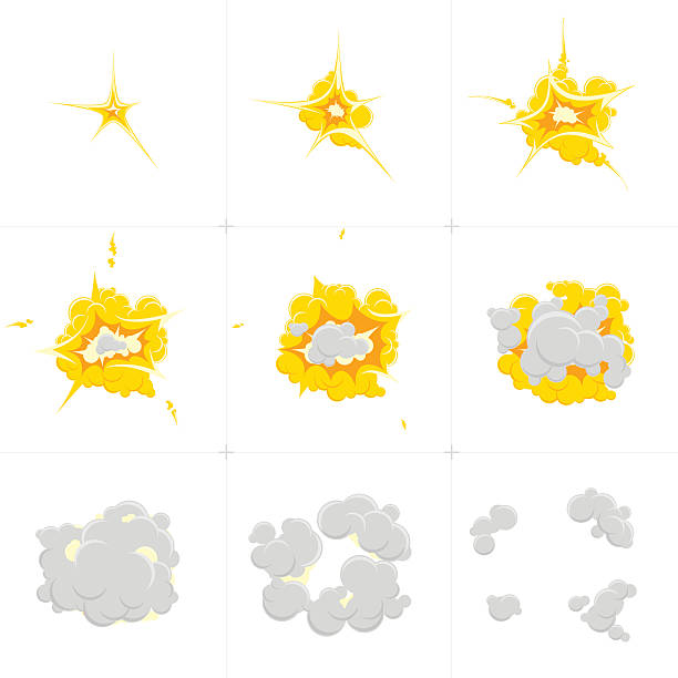 Animation explosion on white. Cartoon Explosion effect with smoke. Sprite sheet for cartoon fire explosion, mobile, flash effect animation. Effect boom, explode flash, bomb, vector illustration. Animation frames for game. speed borders stock illustrations