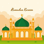Cartoon Islamic Background Template in Square for Social Media Post Banner with animated mosque icon vector