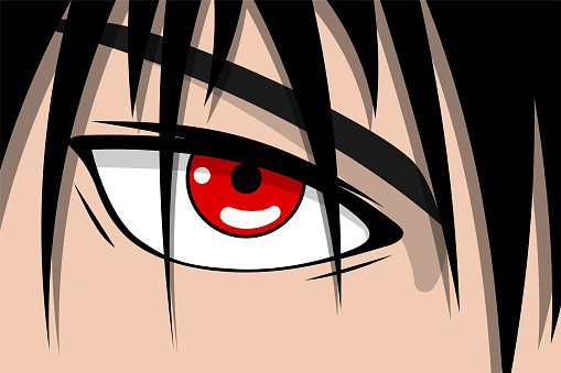 Anime pretty boy face with red eye and black hair. Manga hero art background concept. Vector cartoon look illustration