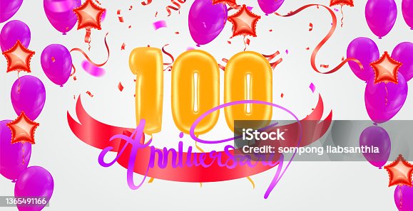 istock Anniversary 100th background colorful ribbon and confetti. Poster or brochure template. Vector illustration. 1365491166