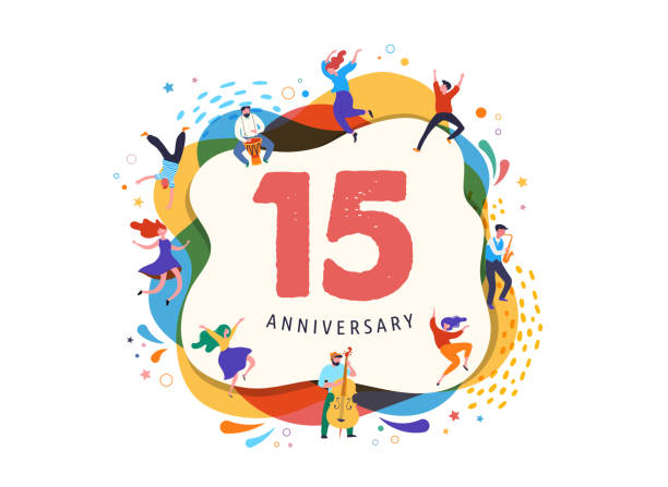 Anniversary celebration. Happy people dancing, playing music, celebrating. Vector illustration, banner, poster Anniversary celebration. Happy people dancing, playing music, celebrating - vector illustration, banner and poster template craft product stock illustrations