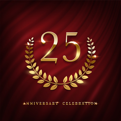 Anniversary celebration poster with golden number twenty five template. Birthday, jubilee or wedding with laurel sign vector illustration. Invitation to celebrate. Shiny number on red curtain background