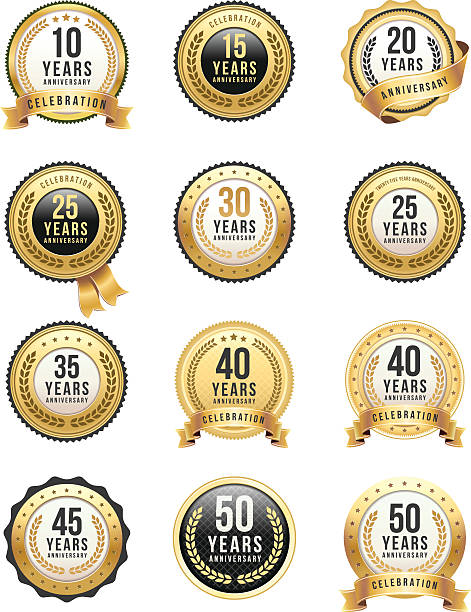 stockillustraties, clipart, cartoons en iconen met anniversary gold badge set - 25 29 jaar