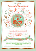 Vector illustration of an Annual Local Craft Show and Sale Poster Invitation. Cute and colorful. Includes hand lettering, hand drawn elements such as, yarn ball, needle and thread, spool, heart, utensils, scissors, feathers, ribbon. Sample text included. Easy to edit layers. Use as poster advertisement, invitation or online advertisment banner.