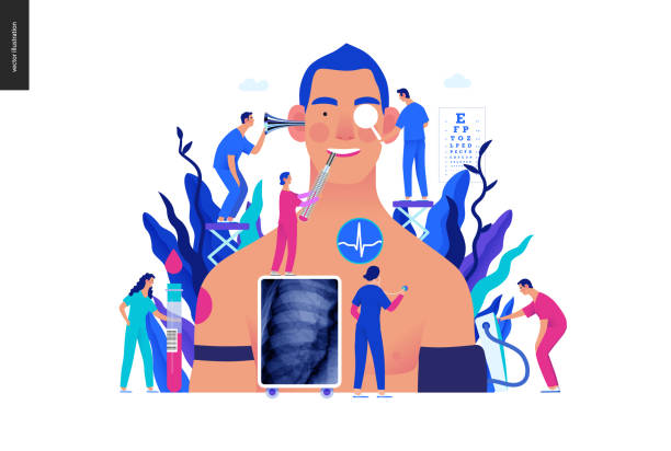 Annual health checkups - medical insurance illustration Annual health checkups -medical insurance illustration -modern flat vector concept digital illustration -doctors examing male patient checking hearing, vision, heart, lungs, blood pressure, blood test annual event stock illustrations